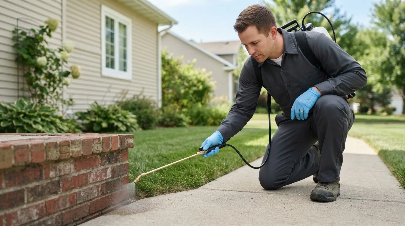 Pest control technician treating a home near Groveoak, AL